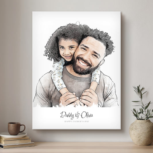 Daddy & Me Ink Line Artistic Design Custom Portrait | Stretched Canvas