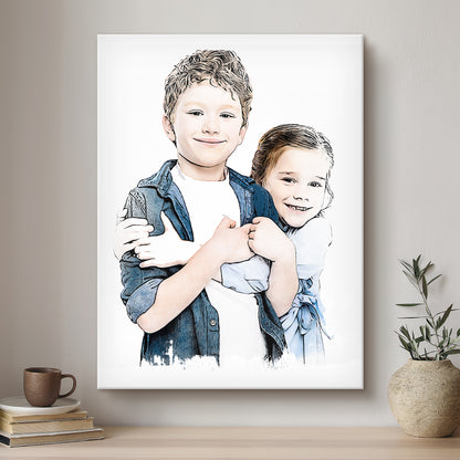 Children Ink Line Artistic Design Custom Portrait | Stretched Canvas