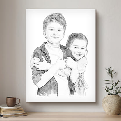 Children Black & White Artistic Design Custom Portrait | Stretched Canvas