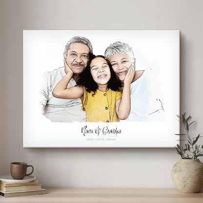 Grandparent Ink Line Artistic Design Custom Portrait | Stretched Canvas