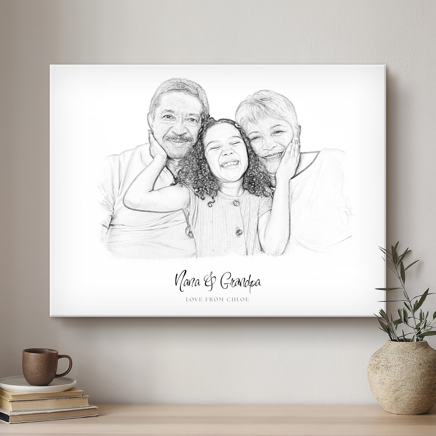 Grandparent Black & White Artistic Design Custom Portrait | Stretched Canvas