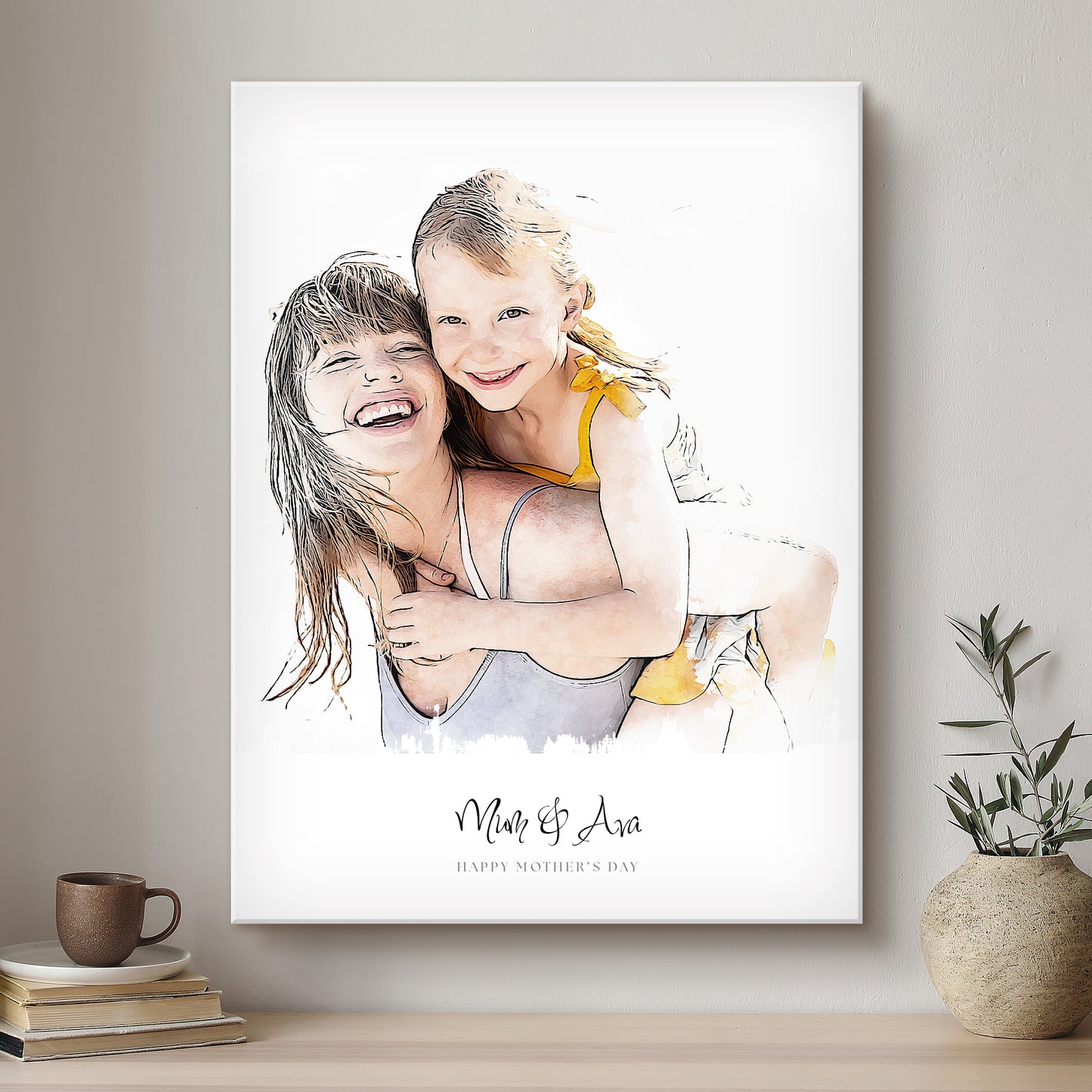 Mummy & Me Ink Line Artistic Design Custom Portrait | Stretched Canvas