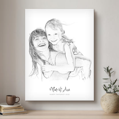 Mummy & Me Black & White Artistic Design Custom Portrait | Stretched Canvas
