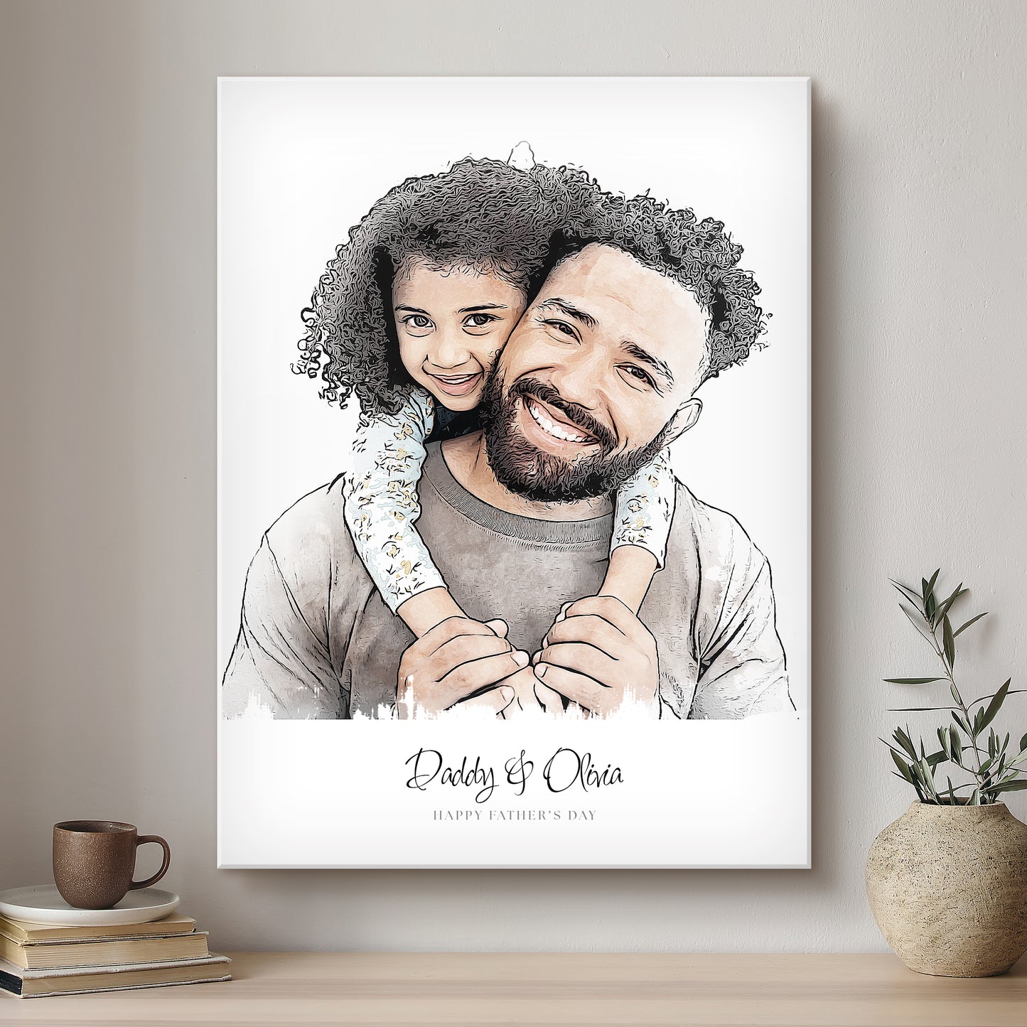 Daddy & Me Ink Line Artistic Design Custom Portrait | Stretched Canvas