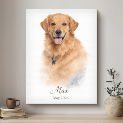 Framed portrait of a golden retriever named Max on a wall above a shelf with books and a plant.