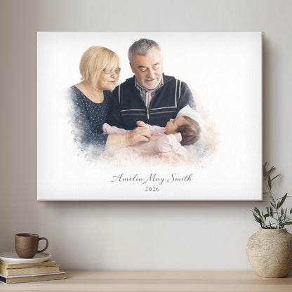 Canvas print of a family with a baby on a wall above a shelf with decor items.