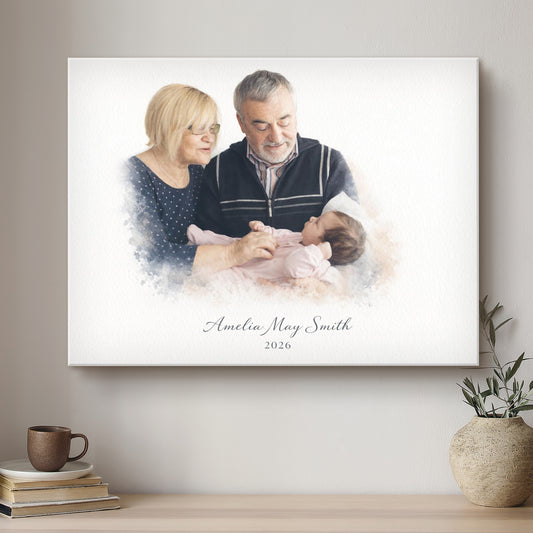 Canvas print of a family with a baby on a wall above a shelf with decor items.