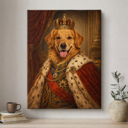 Canvas print of a dog in royal attire with a crown, placed on a wall above a shelf.