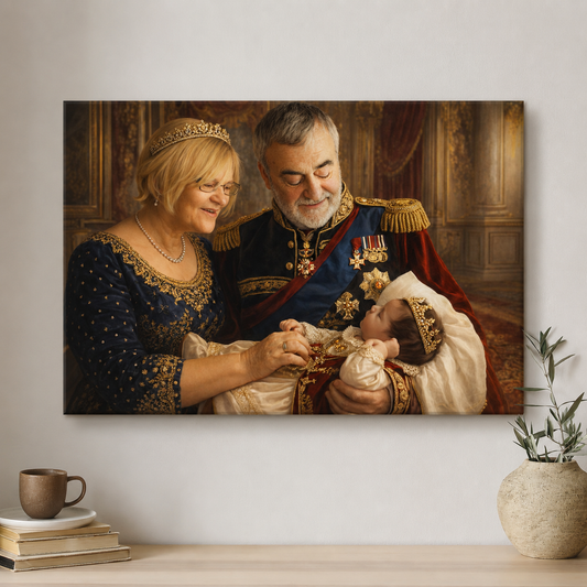 Portrait of an elderly couple in formal attire on a wall above a wooden surface with a plant and books.
