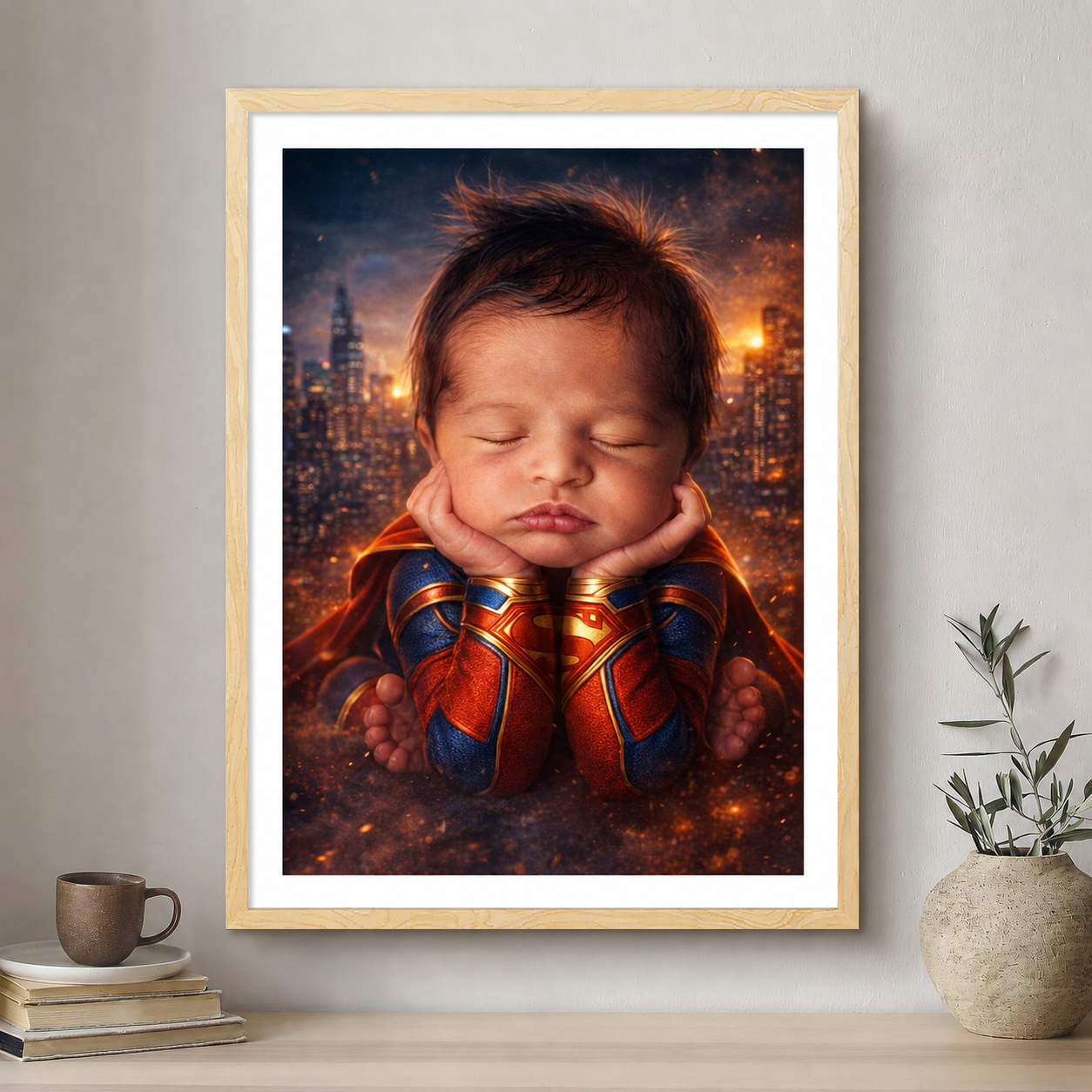 Framed artwork of a baby in superhero costume against a cityscape background