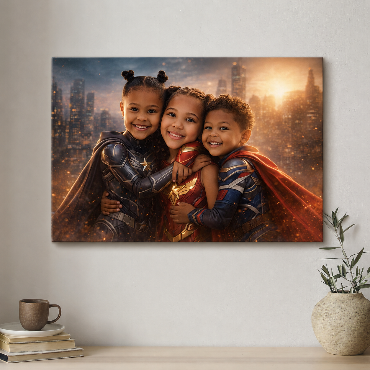 Canvas print of three children in superhero costumes against a cityscape background, displayed on a wall.