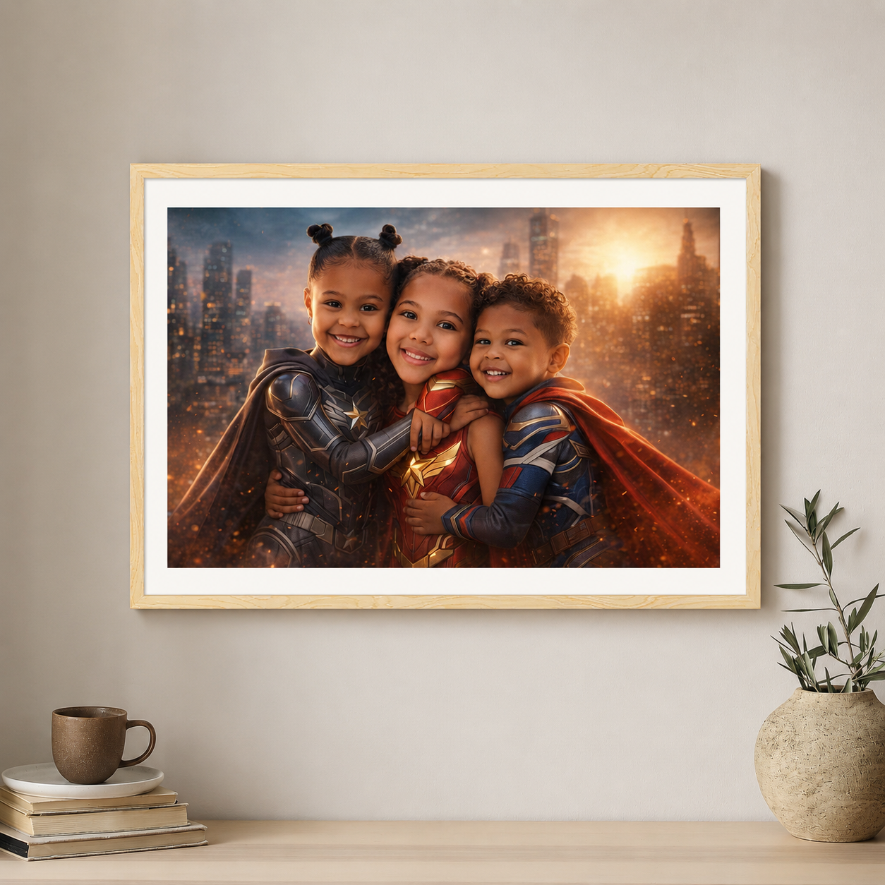 Framed photo of three children in superhero costumes against a cityscape background, displayed on a wall with decor items below.
