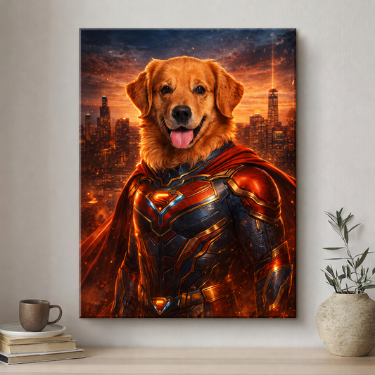 Dog in superhero costume with cityscape background on wall