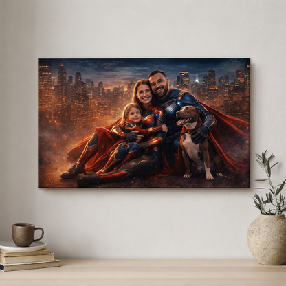 Family in superhero costumes with a dog against a cityscape background on a wall.