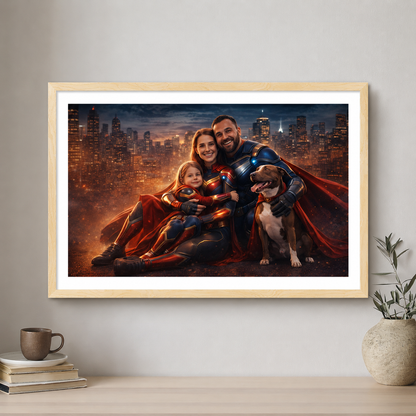 Framed artwork of a family dressed as superheroes with a cityscape background on a wall.