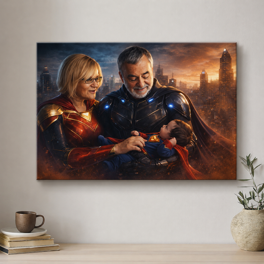 Framed artwork of a family in superhero costumes against a cityscape background, displayed on a wall.