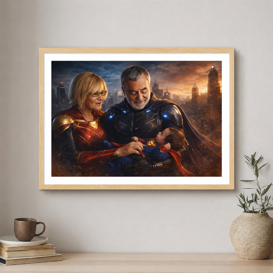 Framed artwork of a superhero family on a wall with decor items below.