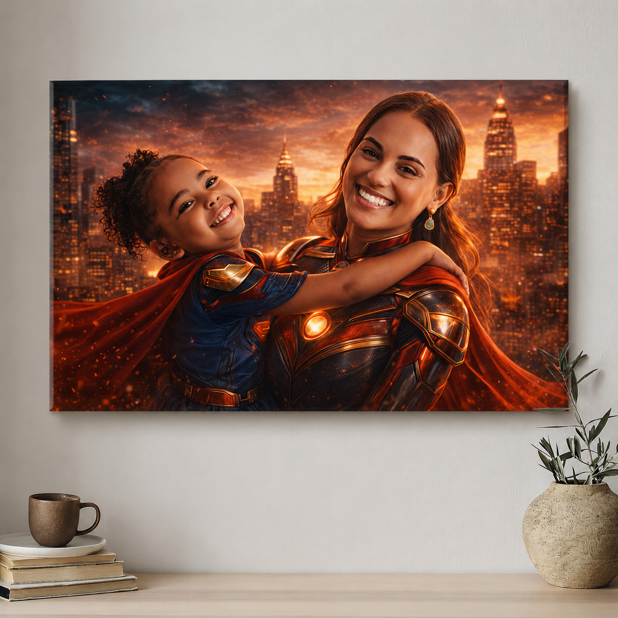 Canvas print of a woman and child in superhero costumes against a cityscape background.