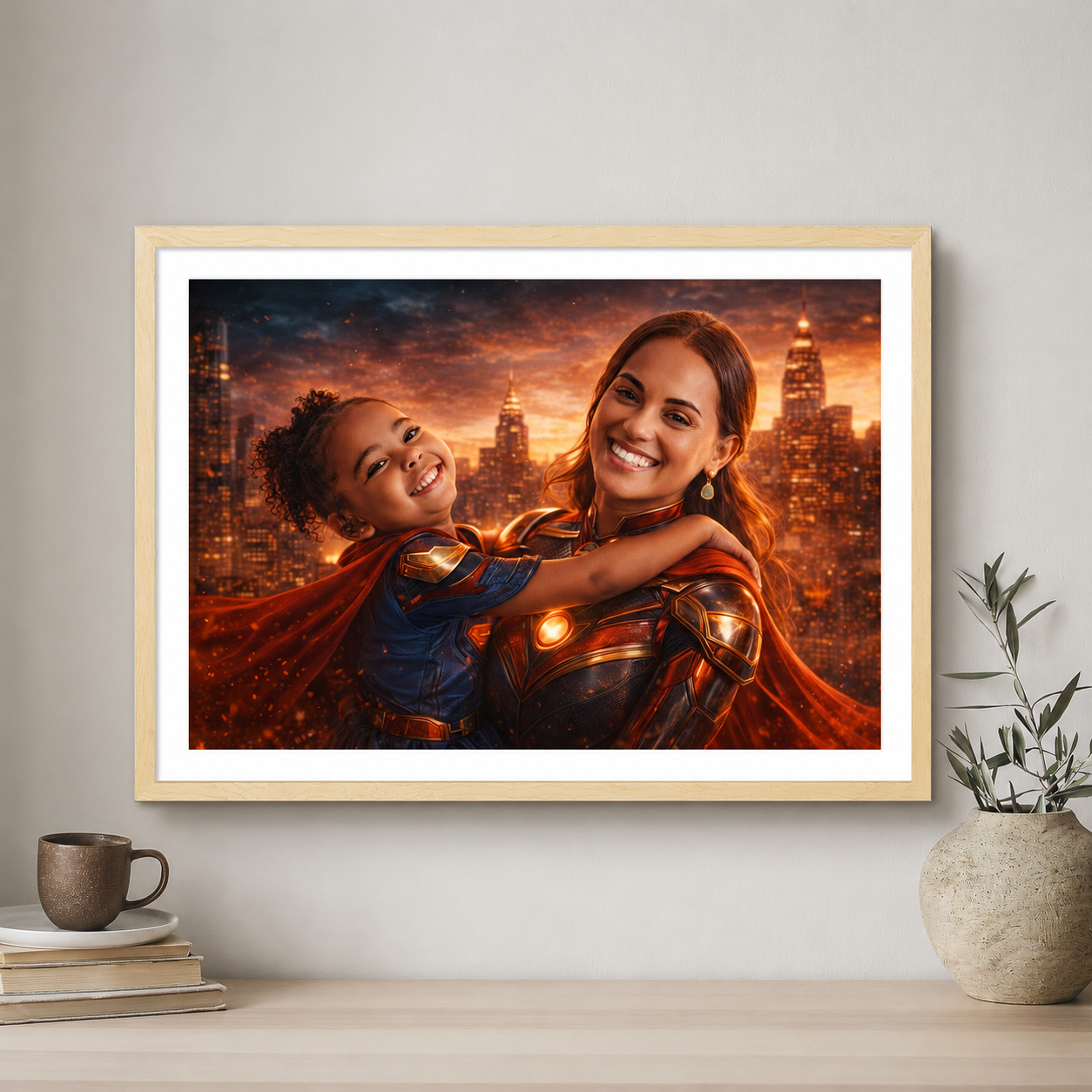 Framed artwork of a woman and child in superhero costumes against a city skyline.