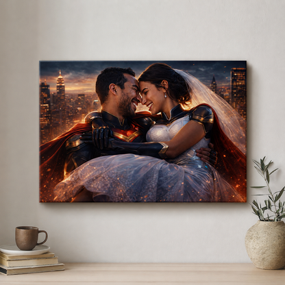 Canvas print of a superhero and his bride against a city skyline on a wall with decor items below.
