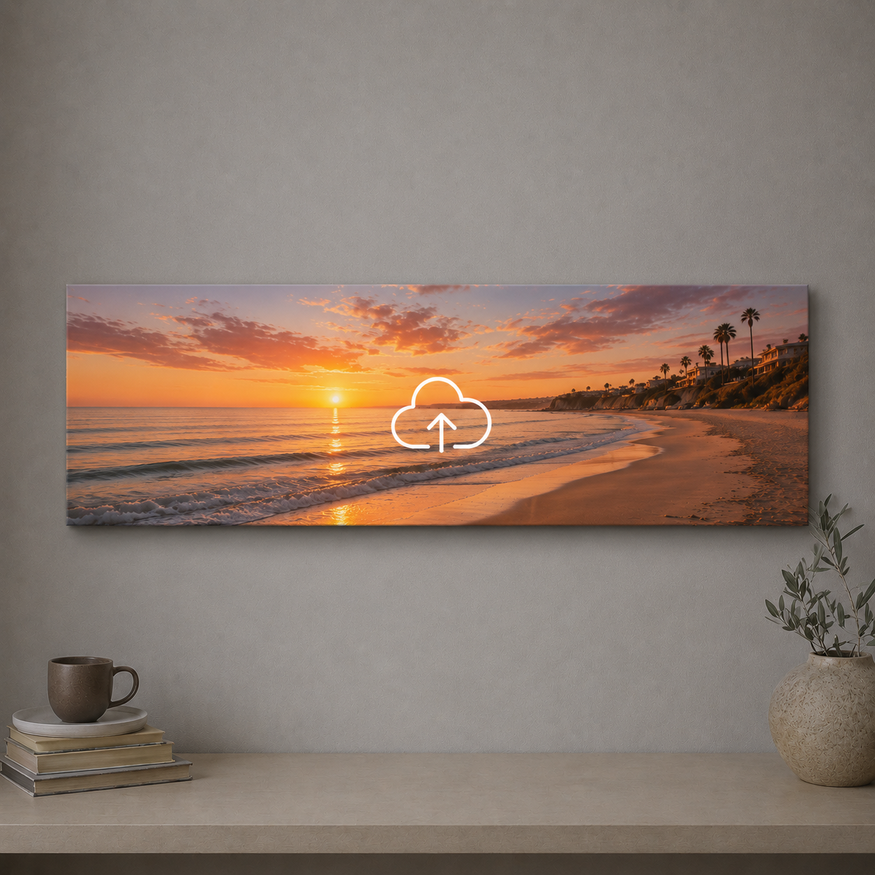 Panoramic beach sunset canvas print on a wall with a minimal setup.