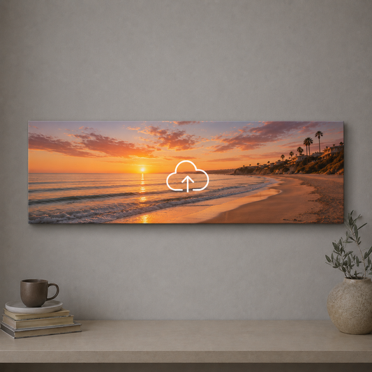 Panoramic beach sunset canvas print on a wall with a minimal setup.